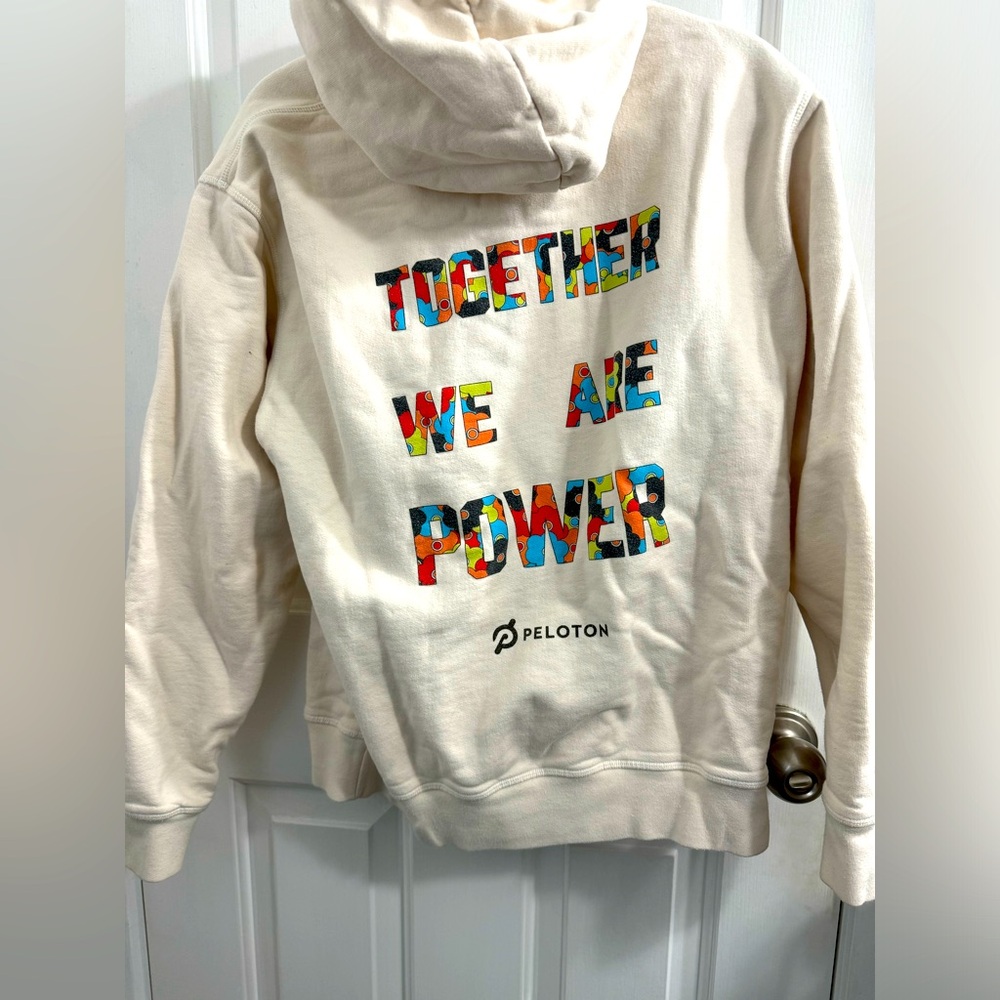 Peloton Cream Hoodie with Multicolor Text
